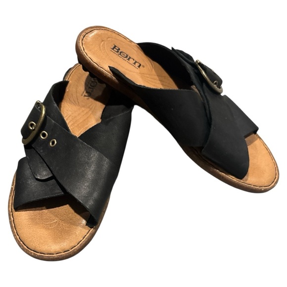 Born Wedge Shoes Black Leather Sandals Heels Slip On Open Toe Size 8 - Picture 4 of 7